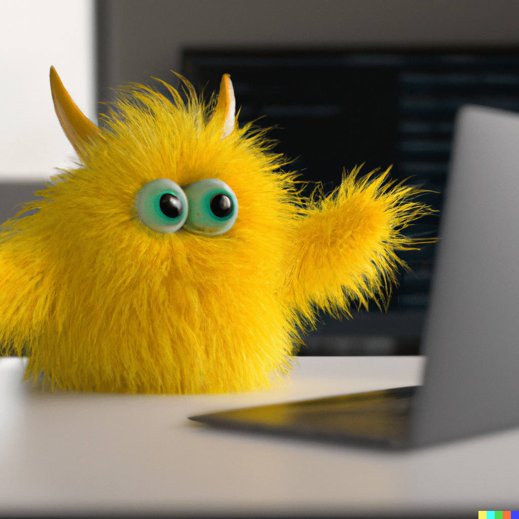 Dall E generated yellow monster thinking about his intentions in front of a laptop.