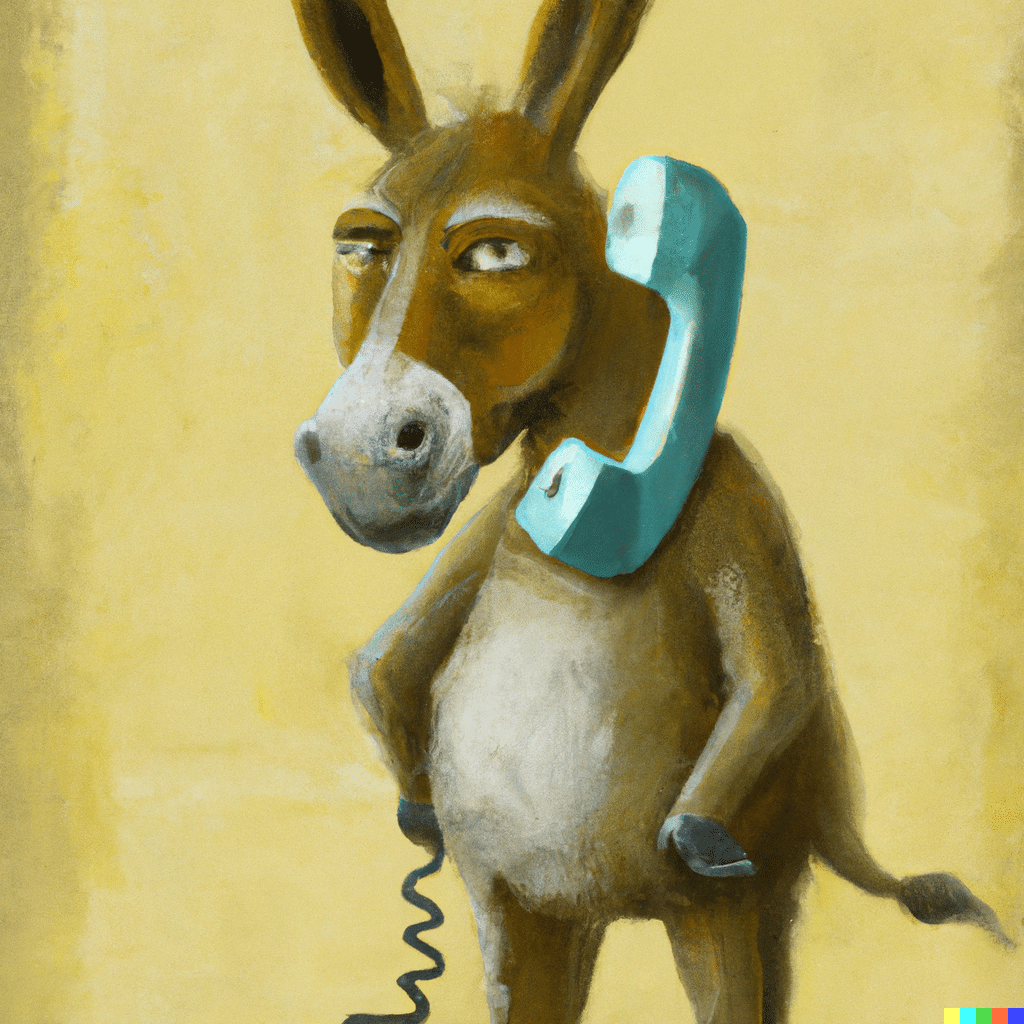 DALL·E 2023-07-09 14.28.16 - painting of a donkey answering a phone call