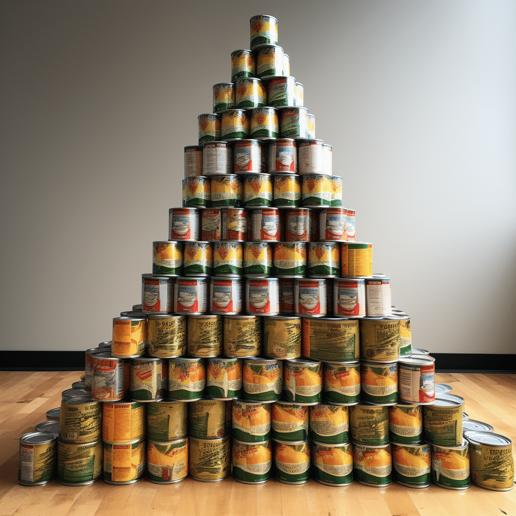 food cans stacked in a pyramid