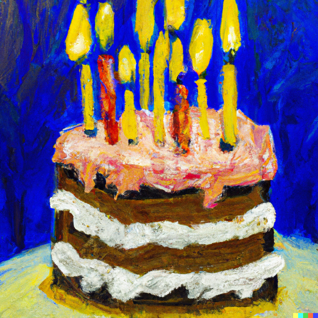 DALL·E 2023-08-25 11.28.00 - oil painting of a birthday cake with a 12 candle