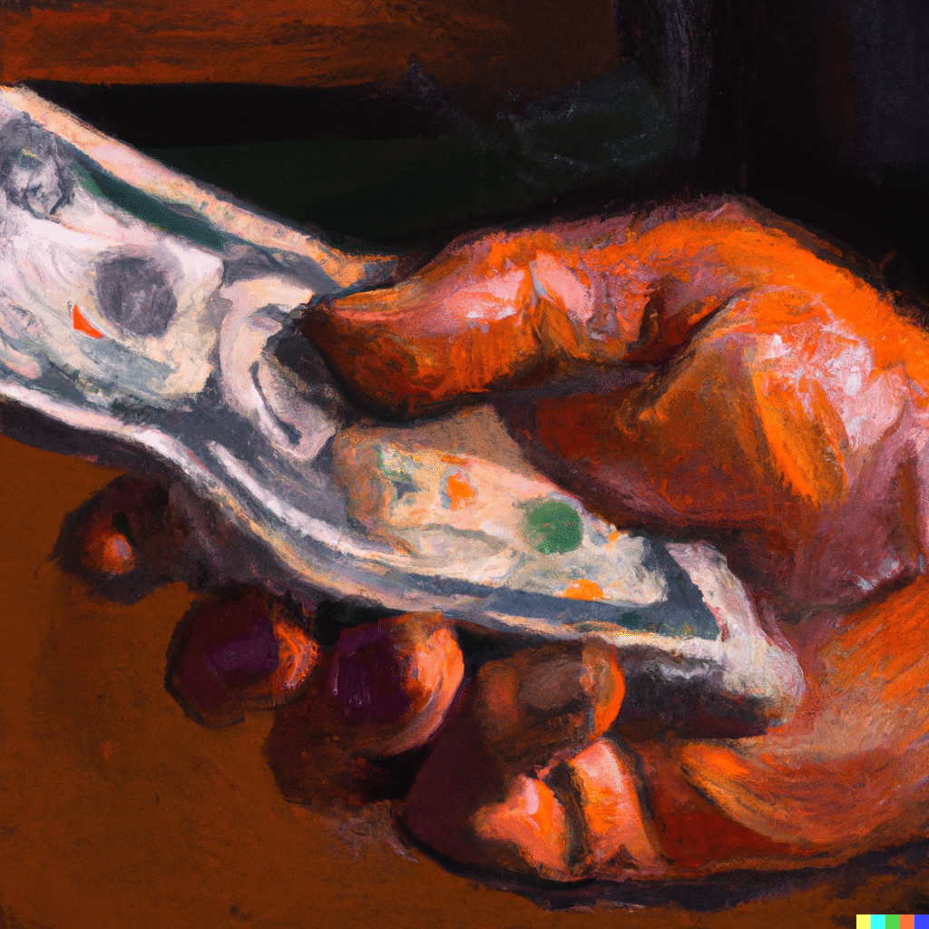 DALL·E 2023-08-29 15.00.49 - oil painting of a hand holding cash
