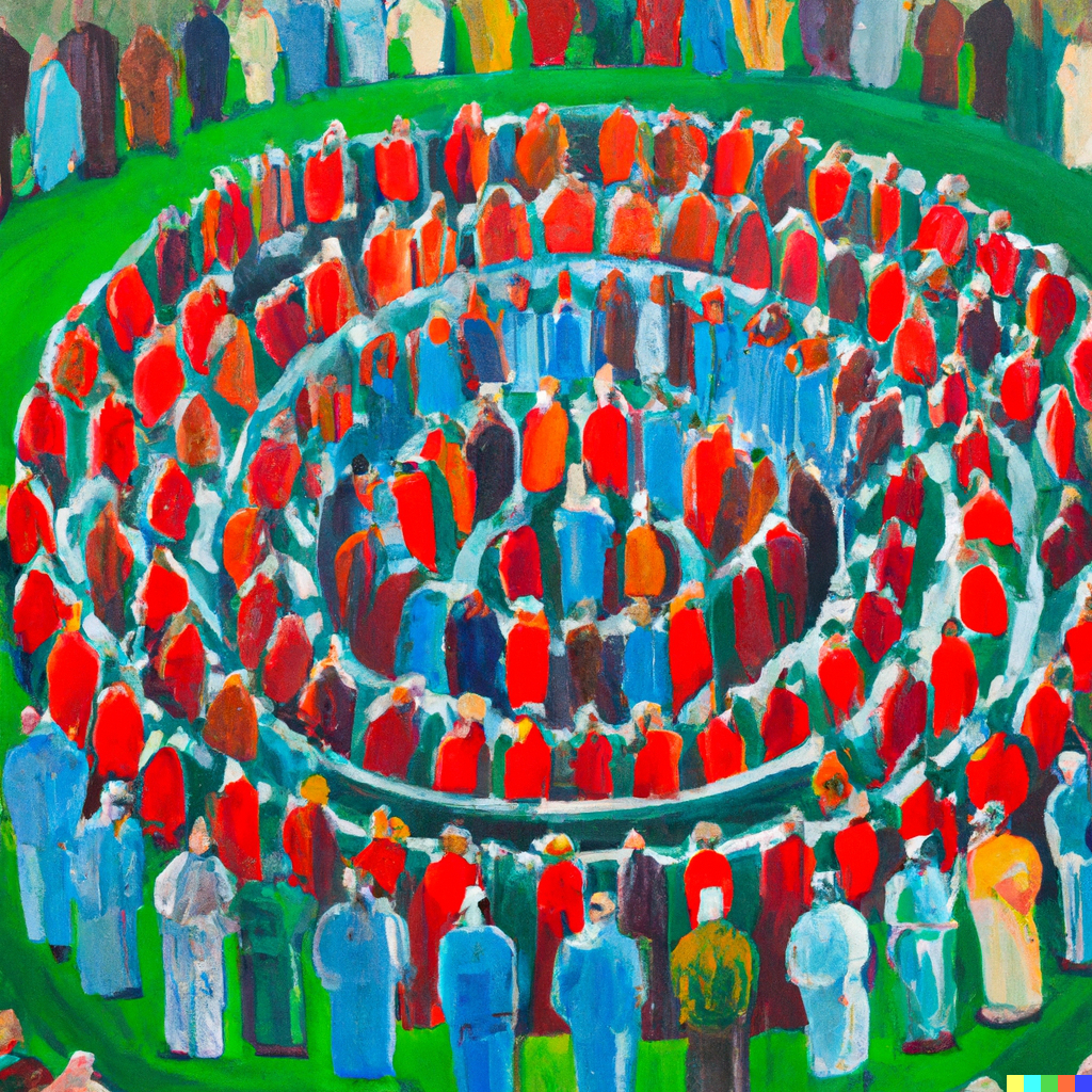 DALL·E 2023-09-15 12.45.45 - oil painting of a group of a large group of people inside a venn diagram
