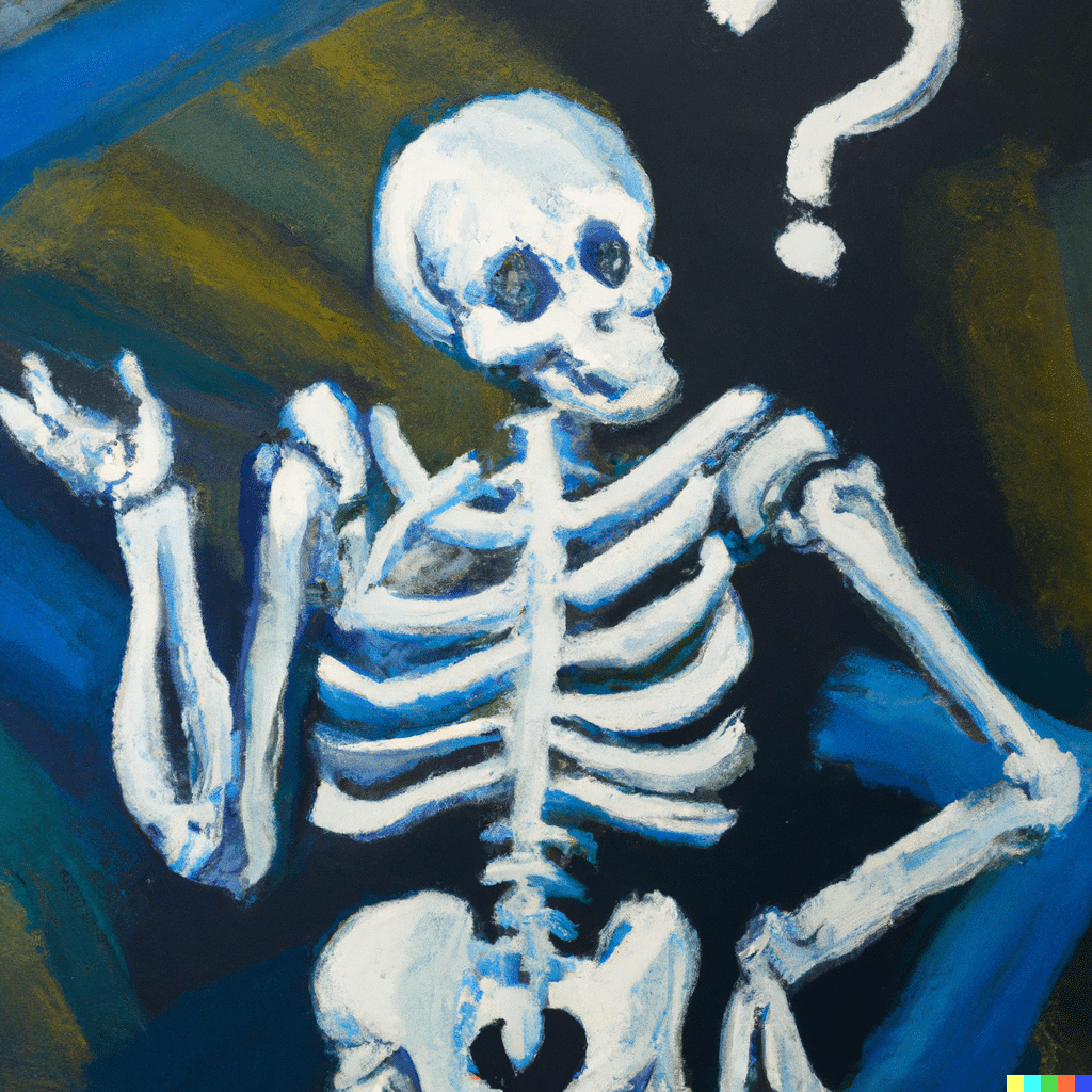 DALL·E 2023-09-22 09.34.47 - oil painting of a skeleton surrounded by question marks