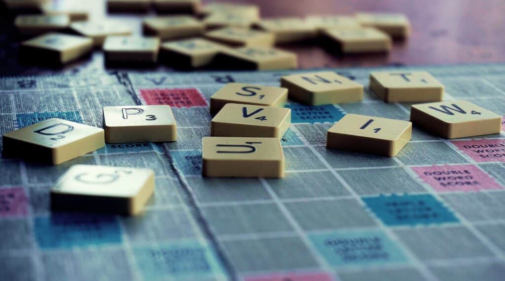 7-letter words, Scrabble tiles on a scrabble board
