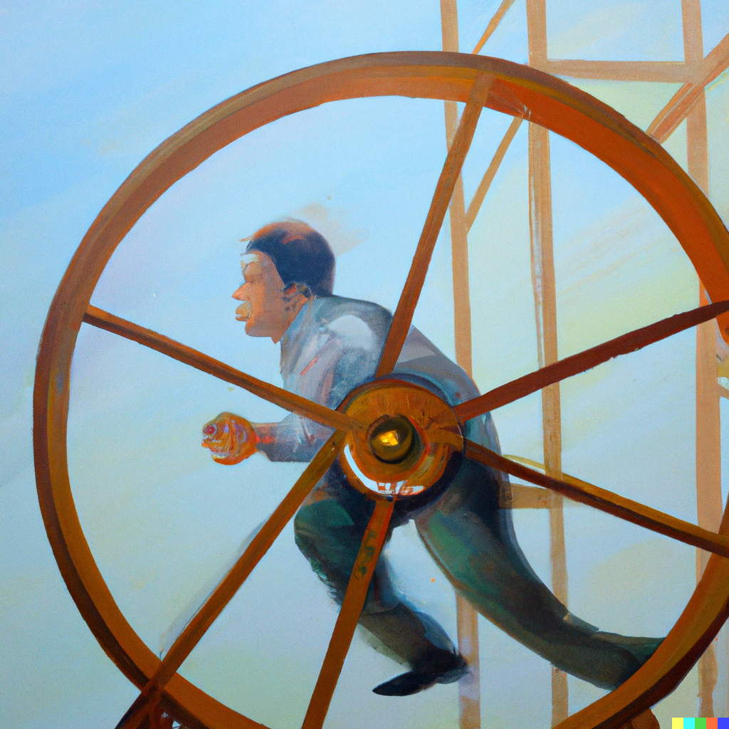 DALL·E 2023-12-08 12.22.31 - oil painting of a man running on a hamster wheel