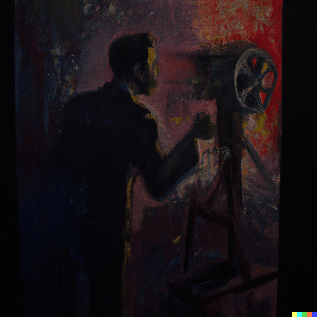 DALL·E 2024-02-06 09.43.20 - dark, moody oil painting of a man operating a projector